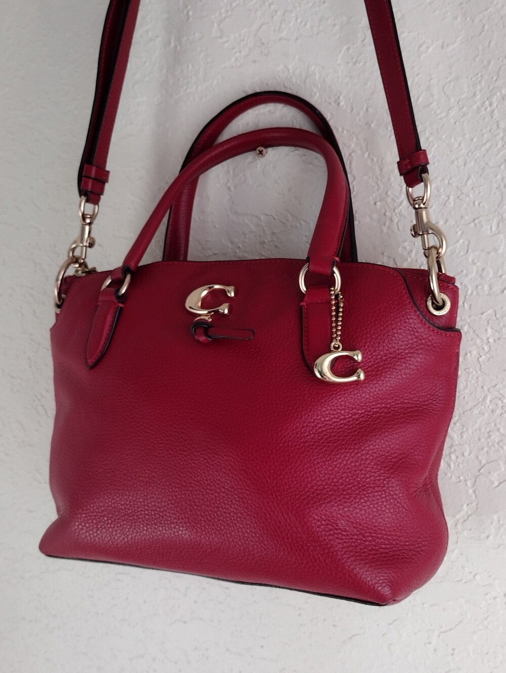 Coach 19117 Red Pebbled Leather Satchel Crossbody Bag Gold C Charm - Picture 5 of 16